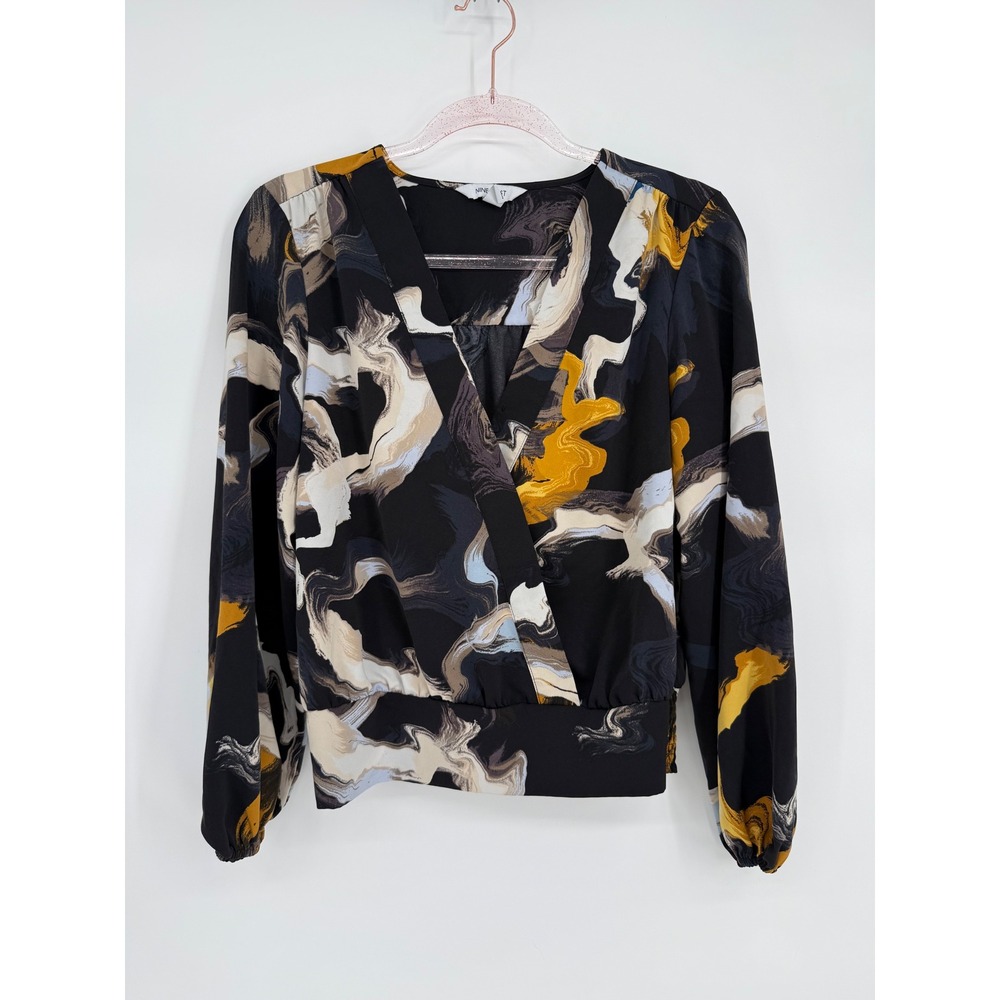 Nine‎ West Womens Abstract Marble Print V-Neck Smocked Blouse Black Gold Sz M